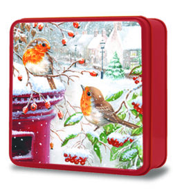 Embossed Robins with Post Box Tin of Clotted Cream Biscuits – part of Lunya's Christmas 2026 range